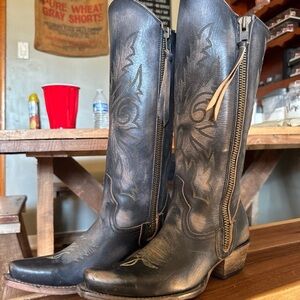 Black Leather Cowboy Boots with Zipper